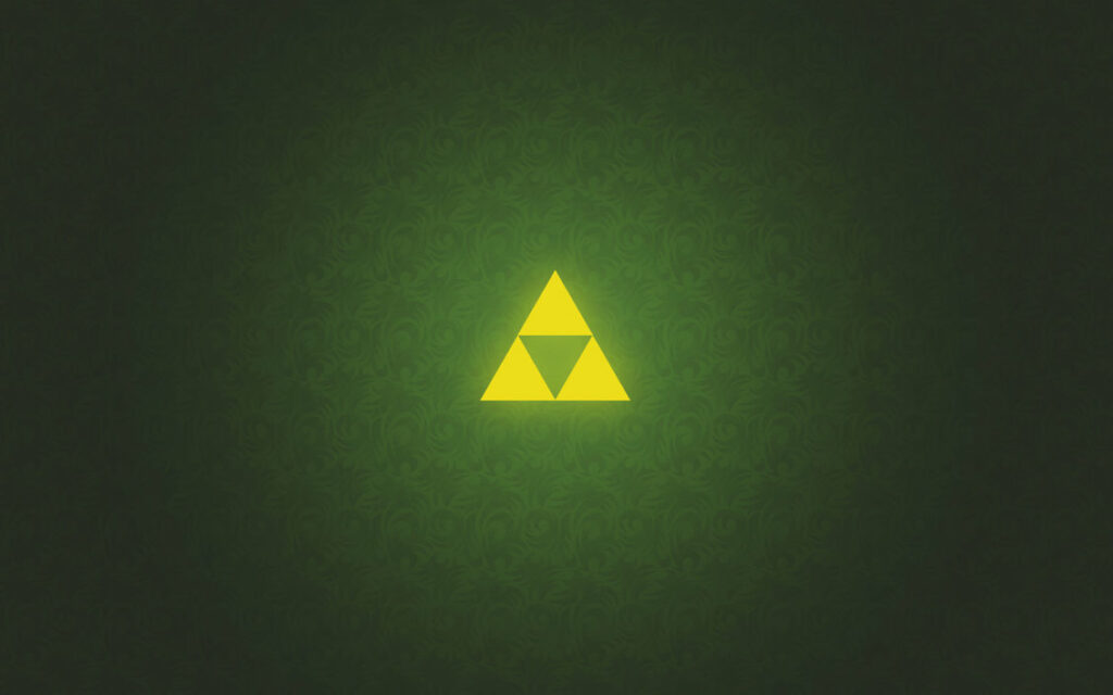 Yellow triangle with three smaller triangles on dark green patterned background.