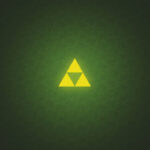 Yellow triangle with three smaller triangles on dark green patterned background.