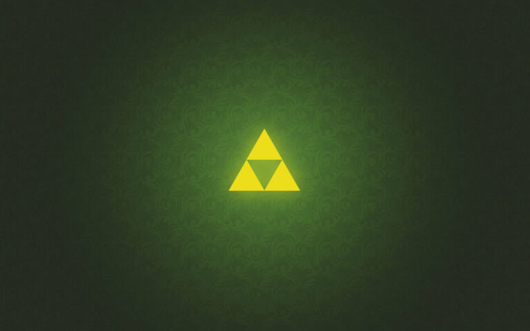 Yellow triangle with three smaller triangles on dark green patterned background.