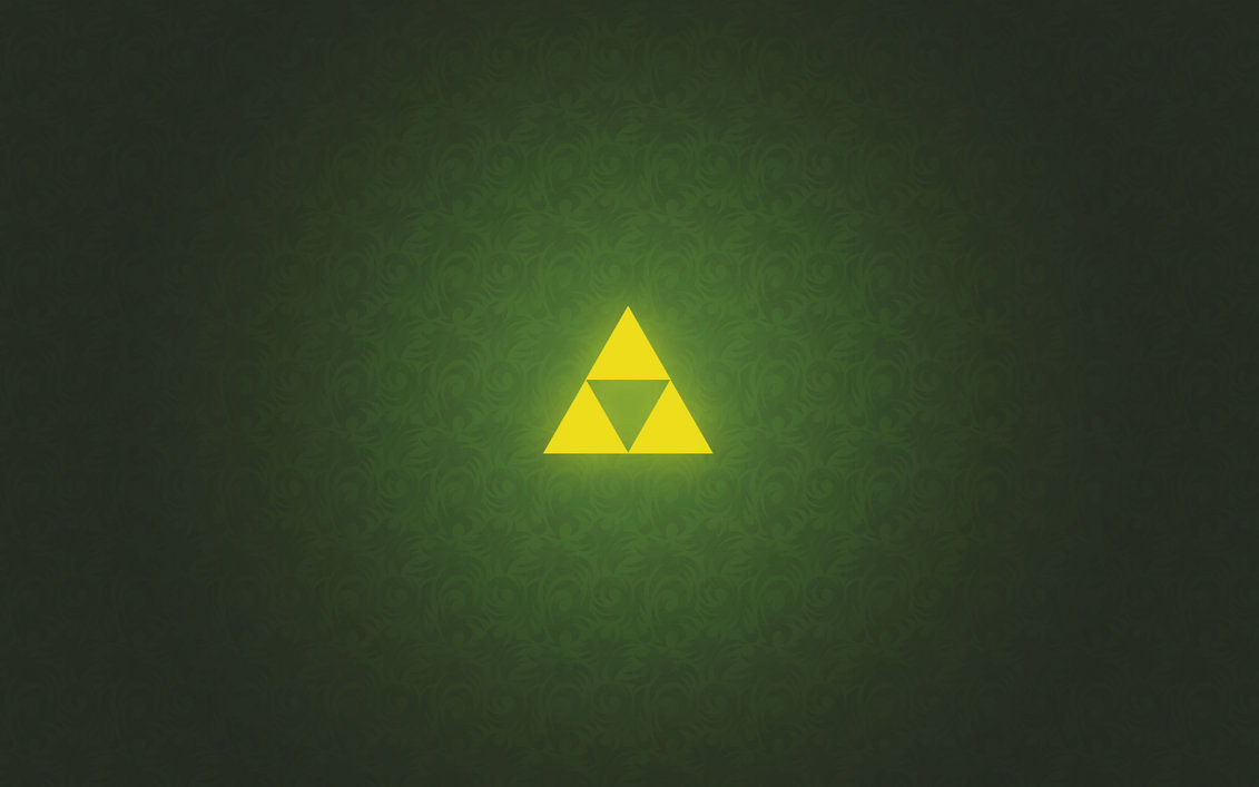Yellow triangle with three smaller triangles on dark green patterned background.